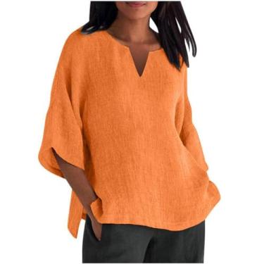 Imagem de Camisetas de linho femininas manga 3/4 plus size, caimento solto, casual, gola V, blusa de botão de verão 2024, nº 25 - laranja, G