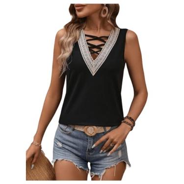 Imagem de SOLY HUX Camiseta feminina de verão, sem mangas, renda, gola V, cruzada, casual, túnica, Preto e bege, P