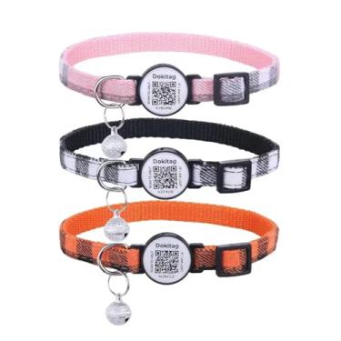 Imagem de DOKITAG Pacote com 3 coleiras para gatos com etiqueta de nome de código QR, etiqueta de identificação de animal de estimação, coleira com sinos, leitura de perfil on-line, QR e alerta instantâneo de