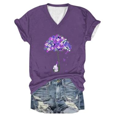 Imagem de Camisetas femininas de conscientização de Alzheimer com estampa floral roxa de Alzheimer, manga curta, gola V, casual, solta, verão, Z - Camisetas femininas de conscientização de Alzheimers - B-roxo,