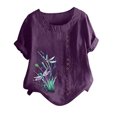 Imagem de Camiseta feminina com estampa de libélula, blusas de linho, gola redonda, manga curta, túnica, caimento solto, camisa de verão, y1 - roxo, XXG