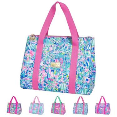 Imagem de Lilly Pulitzer Lancheira fofa para mulheres, sacola térmica de grande capacidade, mini cooler azul com bolso de armazenamento e alças de ombro, coquetel cabana