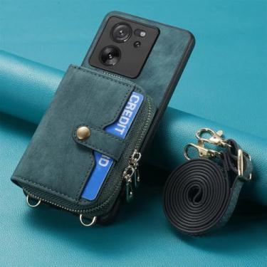 Imagem de Bolsa de cartões com zíper crossbody Capa carteira de couro para Xiaomi Note 13 12 Pro 11 lite POCO X5 X4 13T Capa de corda longa, verde, para Redmi Note13 5G