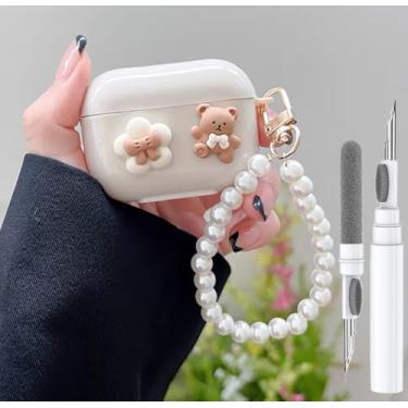 Imagem de Linda capa para Airpod Pro/Pro 2ª geração 2019/2022/2023, Ursinho e flor 3D engraçados, Kawaii, Apple Airpod Pro, 2ª/1ª geração, com kit de limpeza e chaveiro para meninos, meninas, crianças,