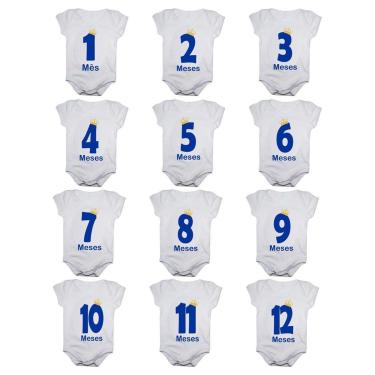 Imagem de Kit 12 Body Bebê Calupa Mesversario Manga Curta Estampa Números 1 A 12 Meses Masculino-Masculino