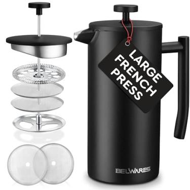 Imagem de Belwares Cafeteira French Press 1,5 g - Prensa de café grande isolada de aço inoxidável 304 com parede dupla e sistema de filtragem de 4 níveis (preto - 1,5 L)