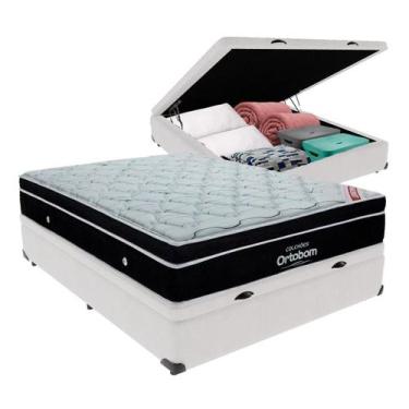 Imagem de Cama Box Baú Casal Branco e Colchão Elegant Superpocket Molas ensacada