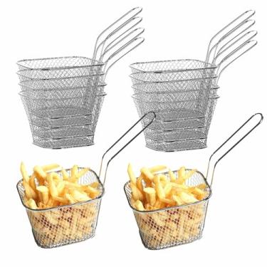Imagem de 10 peças mini cestas quadradas, cesta de fritadeira de aço inoxidável com alça longa cesta de batatas fritas para cozinha, restaurante, festa, churrasco, 4,1 × 3,3 × 2,5 cm.