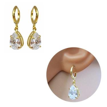 Imagem de Brinco Argolinha Folheado Ouro Pingente de Gota em Cristal - MIXFOLHEA