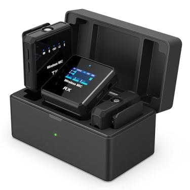Imagem de VJZFA Microfone de lapela sem fio com cancelamento de ruído, alcance de 199 m, bateria 24 horas, canal duplo, microfone compacto de lapela sem fio para câmeras DSLR, iPhone, Android, streaming,