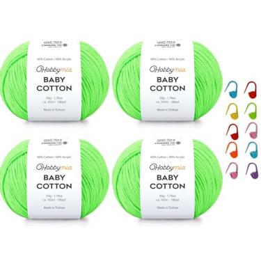 Imagem de HobbyMia Fio de algodão para bebês para crochê - 50 g / 180 m - (2) fio fino, esportivo - fio Amigurumi para linha de crochê - 60% algodão e 40% acrílico e 10 pontos (verde neon, 4 bolas)