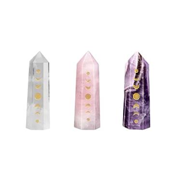 Imagem de Rockcloud Pacote com 3 pontos de cristal gravados em fase da lua, eclipse lunar hexagonal, varinha de bolso para decoração de casa de meditação de Reiki, cristal de rocha, quartzo rosa e ametista