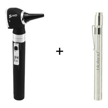Imagem de Otoscópio MD Preto Com 10 Espéculos + Lanterna Clínica Médica Bioland Prata