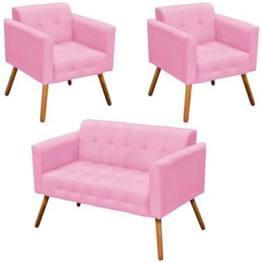 Imagem de Conjunto 2 Poltronas e 1 Namoradeira Pés Palito Karen Suede Rosa G19 - Gran Belo