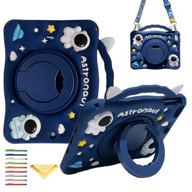 Imagem de Capa infantil para iPad 10ª geração 10 polegadas 2022, capa UUcovers com anel giratório de 360° com suporte para lápis/alça de ombro menina menino fofo Kawaii capa à prova de choque de silicone macio