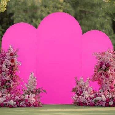 Imagem de Conjunto de 3 capas de fundo de arco fúcsia de 2 camadas de 2 camadas de elástico rosa choque elastano com arco redondo Chiara Arch Backdrop para fotos de festa de aniversário da Barbie