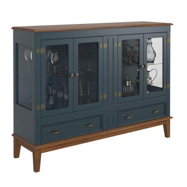 Imagem de Mini Cristaleira De Madeira Maciça 4 Portas Azul Petróleo