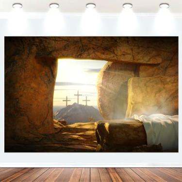 Imagem de Tecido 3 x 2,4 m Páscoa Jesus Tumba Cenário Ressurreição de Jesus Caverna Fotografia Fundo Jesus Cristo Crucifixo Montanha Nascer do Sol Igreja Mural Papel de Parede God Bless Retrato Foto Adereços