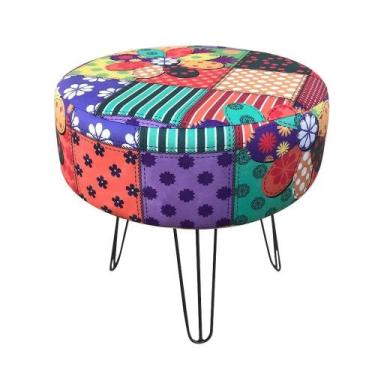 Imagem de Puff Berlim Redondo Estampado Patchwork- Pés de ferro - JBF Poltronas