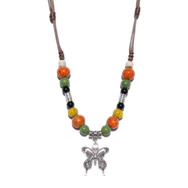 Imagem de Zlanderah Colar de contas de cerâmica amarelo laranja hippie, colar boho vintage para mulheres na moda, joias boêmias, presentes para mulheres, suéter étnico, Adjustable, Cerâmica, Sem Pedra Preciosa