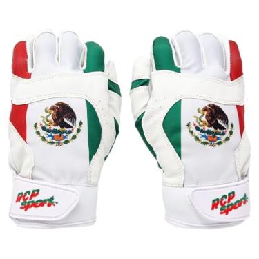 Imagem de Luvas de beisebol e softbol RCP – Resistente a rasgos e rasgos – Virilha reforçada, proteção acolchoada, tamanhos ajustáveis, Guantes de bateo (Médio juvenil, bandeira do México)