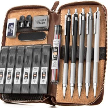 Imagem de Nicpro Conjunto de lápis mecânicos de metal de 2 mm em estojo de couro, 5 peças de porta-lápis de grafite de 2,0 mm (4B 2B HB 2H 4H) 6 refis de chumbo preto de tubo, borrachas, apontador para desenho