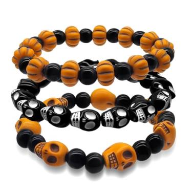 Imagem de MEMFALL Pulseira de Halloween com contas de esqueleto gótico, corrente elástica, esqueleto, abóbora, conjunto de pulseiras empilhadas, joias de Halloween, ADJUSTABLE, Liga metálica, Sem Pedra Preciosa