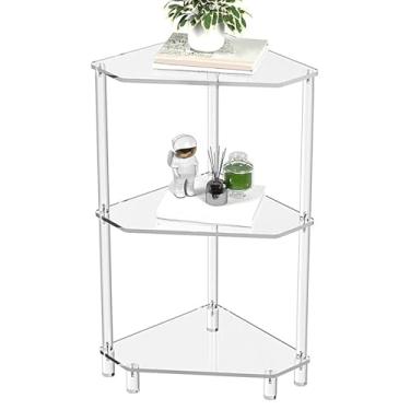 Imagem de Mesa de canto de acrílico,Mesa de canto de acrílico transparente, Suporte organizador de chuveiro triangular de 3 camadas, Organizador transparente de canto de estante estreita para sala de estar, qua