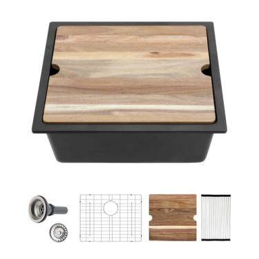 Imagem de Sarlai 21 Pia de cozinha preta composta de granito - 53 x 45 cm pia de estação de trabalho de preparação de barra de quartzo composto de quartzo preto tigela única retangular para trailers lavatórios