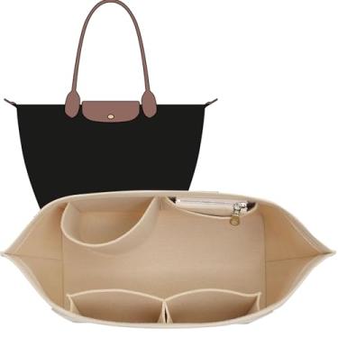 Imagem de OAikor Organizador de bolsa compatível com Longchamp Medium e mais, zíper de feltro Le pliage organizador médio com suporte de copo, inserção de bolsa de 8 compartimentos (bege, M)