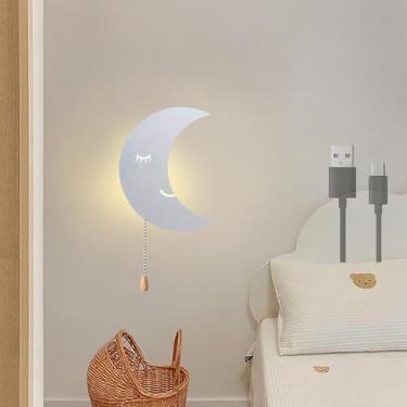 Imagem de Luminária de parede lunar operada por bateria, luz noturna para quarto infantil, luzes de parede LED com interruptor de cordão, iluminação de parede acrílica, luminárias modernas de cabeceir