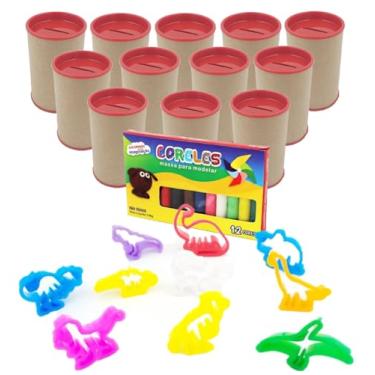 Imagem de Kit 12 Cofres Papelão 36 Cortadores Formato Dinossauros 2 Caixas de Massinha Modelar Lembrancinhas Aniversário Mundo Jurássico (Cofre Vermelho)