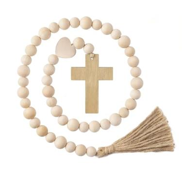 Imagem de Guirlanda de contas de madeira de Páscoa, guirlanda de contas de cruz de primavera com borla de corda de juta, guirlanda rústica para decoração de bandeja em camadas, decoração de cesta de Páscoa,