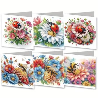 Imagem de MaiYiYi Pacote com 6 cartões 5D DIY Bee Diamond Art Greeting Cards Ladybug Diamond Painting Cartões de felicitações flores cartões de arte de diamante para amigos familiares feriados aniversário