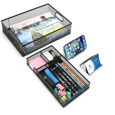 Imagem de Organizadores de gavetas, 3 conjuntos de bandejas organizadoras de gaveta de mesa de metal, 2 organizadores de mesa com 2 porta-cartões de marca de telefone, bandeja de gaveta de mesa para escritório,