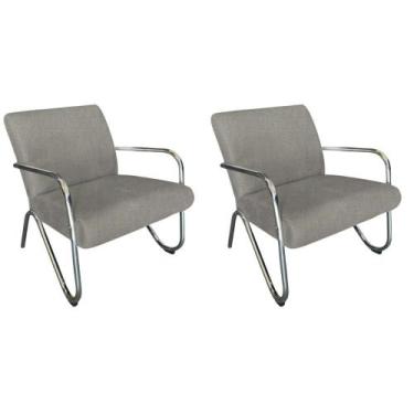 Imagem de Kit 2 Poltronas Decorativa Bela Linho Bege Braço Cromado - Mansão Deco