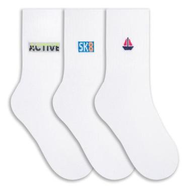 Imagem de Kit Meia Juvenil Menino Cano Longo Estampada 3 Pares - SELENE, Branco
