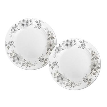 Imagem de Jogo 2 Prato Raso De Vidro Branco Flores Cinza Flowers Grey 26cm Em Casa Tem