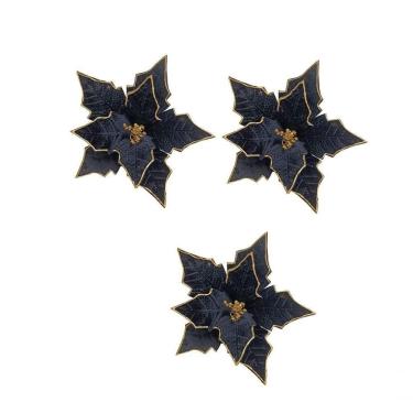 Imagem de Kit Com 3 Poinsettia Preta Aveludada Com Detalhes Dourados 33cm