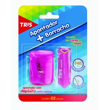 Imagem de Tris Apontador com Depósito Rosa Translúcida e Borracha Neon Compacto Escolar