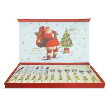 Imagem de Faqueiro Natalino 12 Peças Aço Inox Com Cabo de Porcelana Luxo