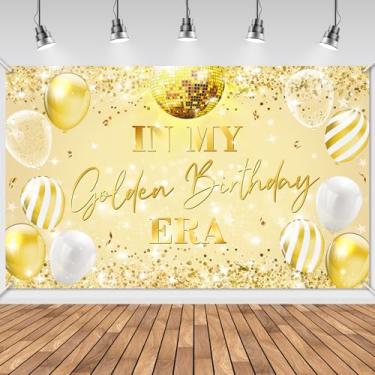 Imagem de Avezano In My Birthday Era Banner para decoração de aniversário de música de menina Superstar Banner de aniversário com glitter dourado bolas de discoteca música decoração de aniversário pano de fundo