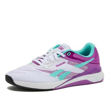 Imagem de Reebok Nano X5 Tênis feminino para caminhada, academia e treinamento cruzado, Calçado branco/roxo Rave/Ai Aqua, 34