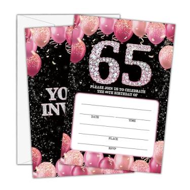 Imagem de Beshoul Convites de aniversário de 65 anos - Convites de aniversário de glitter rosa com envelopes (25 unidades) - Cartões de convite de preenchimento com tema de balão para decorações de