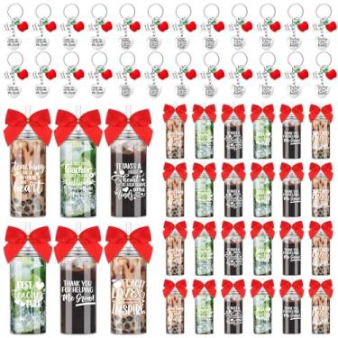 Imagem de Skylety Conjunto de 24 presentes de agradecimento do professor copos de plástico de 382 g com tampa chaveiro de palha laços a granel dia dos professores presentes de agradecimento para mulheres homens