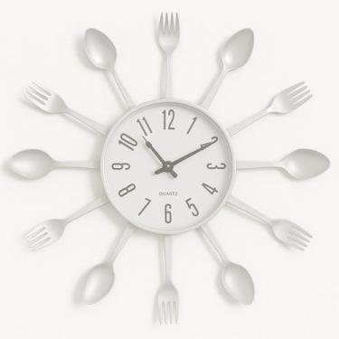Imagem de RELOGIO PAREDE COZINHA TALHERES ESTILO RETRO DECORATIVO BRANCO MODERNO COLHER GARFO ELEGANTE