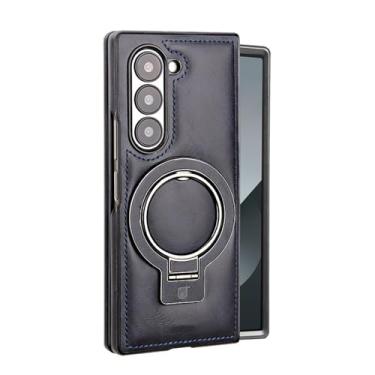 Imagem de MVVKKY Para Samsung Galaxy Z Fold6 Suporte de anel magnético Capa de couro Suporte de alumínio Carregamento sem fio Capa à prova de choque (para Samsung Galaxy Z Fold6/azul)