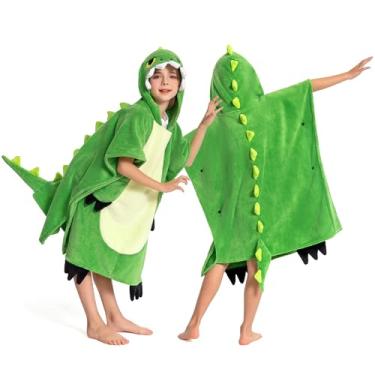 Imagem de OLAOLA Toalhas de praia infantis com capuz de dinossauro, toalha de banho com capuz absorvente macia para meninos e meninas, toalha de natação infantil com capuz para crianças de 3 a 12 anos