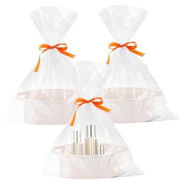 Imagem de 3 peças de cesta de presente com alça, cesta pequena de tecido com saco de presente, fita e papel de embrulho, caixas de berçário vazias para itens pequenos, organizador de brinquedos para bebês e