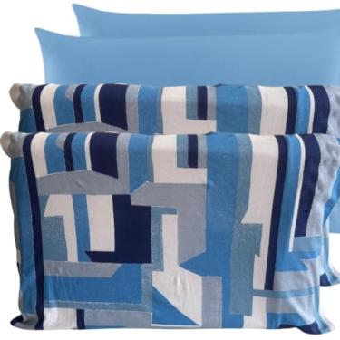 Imagem de Kit 4 Fronhas (2 Pares) 100% Algodão Em meia malha fio 30/1 para travesseiro 70 x 50 cm (Azul+risco)